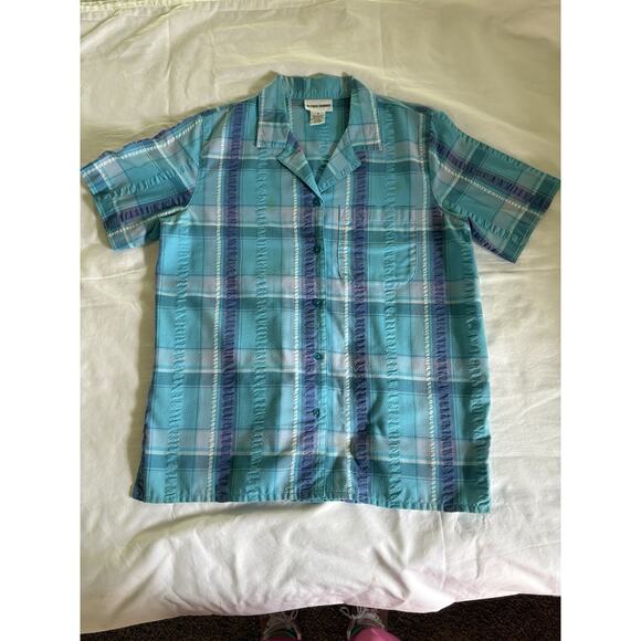 Alfred Dunner Size 8 Short Sleeve Button Down Cotton Blend Blouse Blue Plaid - Picture 1 of 8
